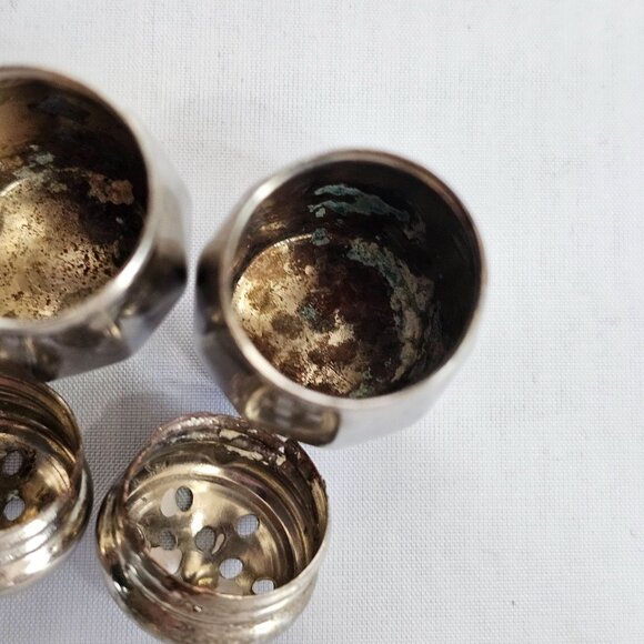 4 Silverplate Mini Salt Pepper Shakers 1.5" Baronial plate vtg rustic style - Picture 7 of 10